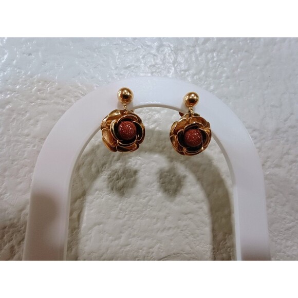 Vintage Unsigned Red Rose Gold Tone Stud Dangle Earrings - Picture 3 of 4